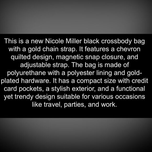 NWT Nicole Miller Black Vegan Leather Quilted Small Handbag Crossbody Gold Chain - Picture 7 of 7